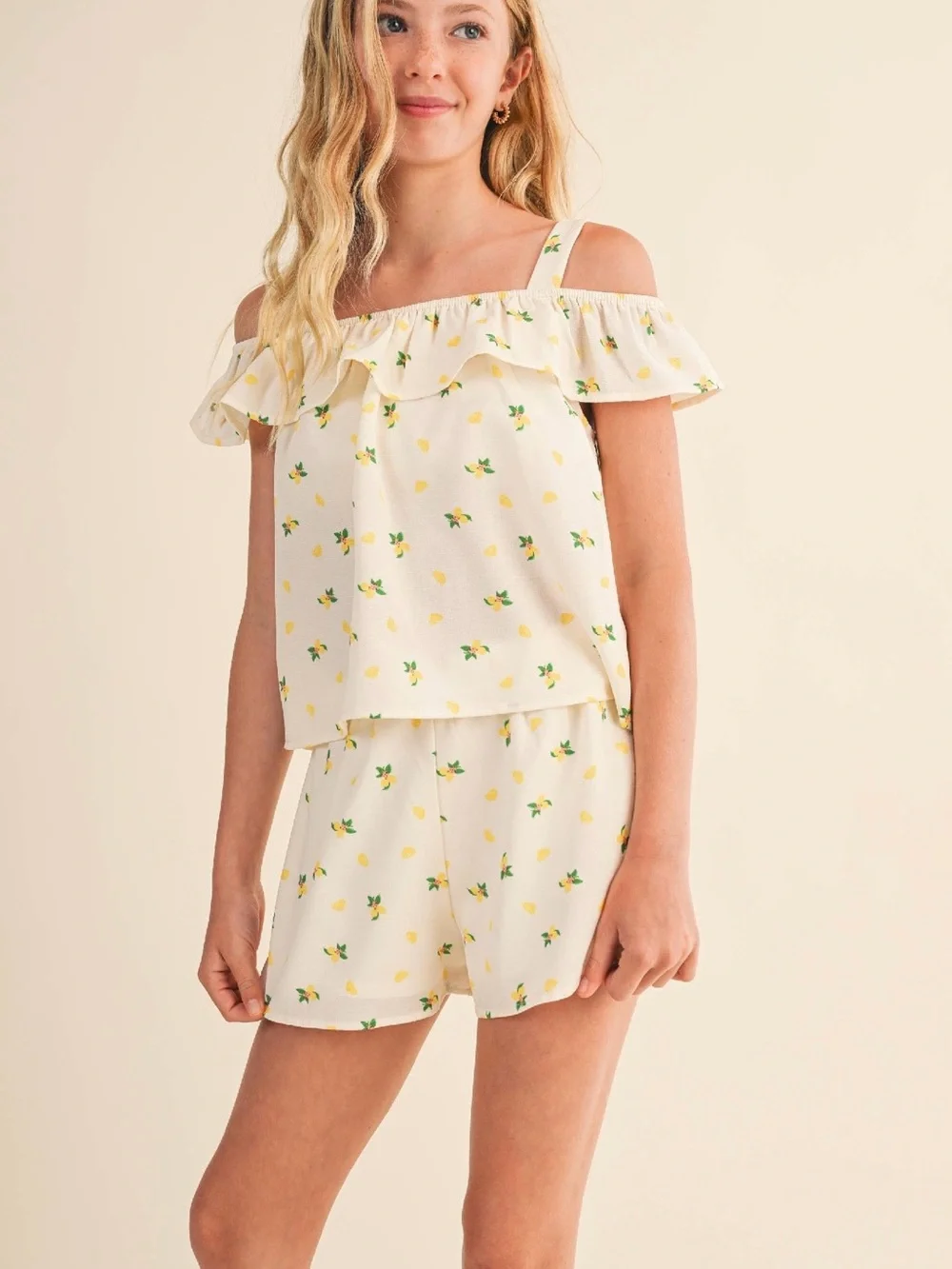 Girls Lemon Print Off-Shoulder Set - Cream